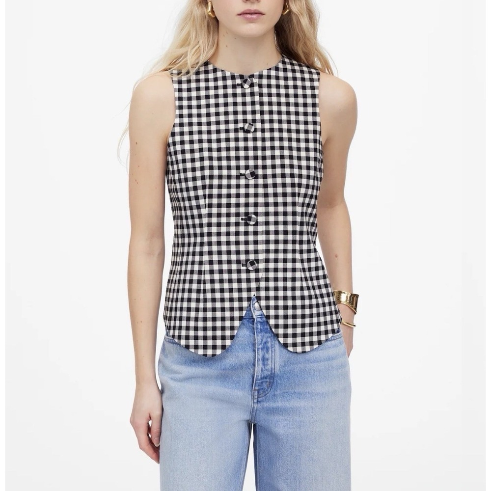 Madewell Single-Breasted Crewneck Vest Size 4 Black White Check Lined NWT - Picture 2 of 10